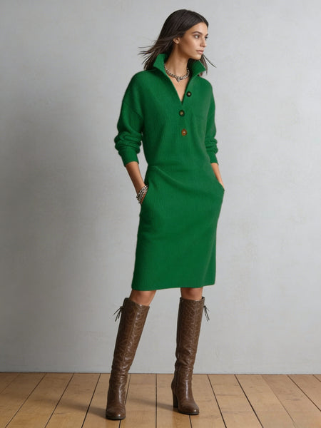 Solid Color Button- Collar Loose-Fit Dress - Straight Tube Mid-Length Dress Suitable for Office, Semi-Formal & Casual Attire - Machine Washable Dress