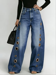 New Retro Style Denim Jeans for Women, with Metal Eyelets Designed for Casual And Loose Fit, High Waisted And Wide Leg Jeans, Street Cool Women'S Clothing, Black Retro Blue Light Blue Women'S Straight Leg Denim Pants