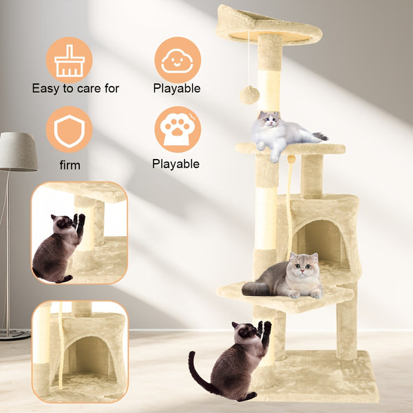 A Luxurious Beige Cat Tree, Super Large And Four Stories High, Featuring a Scratching Post, a Hanging Ball, And a Snug Little House. an Ideal Present for Indoor Cats, This Cat Tower Includes a Litter Area And a Scratching Board