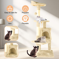 A Luxurious Beige Cat Tree, Super Large And Four Stories High, Featuring a Scratching Post, a Hanging Ball, And a Snug Little House. an Ideal Present for Indoor Cats, This Cat Tower Includes a Litter Area And a Scratching Board