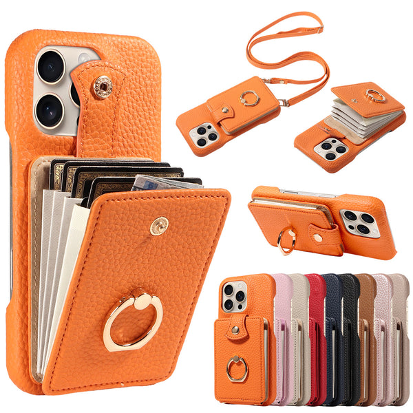 Multi Functional Phone Case for iPhone 17 Pro Max 16 15 14 13 12 11 Faux Leather Accordion Flip Cover with Ring Holder Crossbody Strap Long Lanyard Multi Card Slots Anti Drop