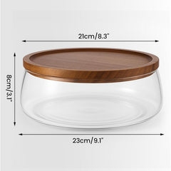 Glass Fruit Bowl with Wooden Lid, Decorative Serving Bowl with Acacia Tray Cover – Large Clear Storage Bowl for Fruit, Snacks, Sweets, Salad or Table Display