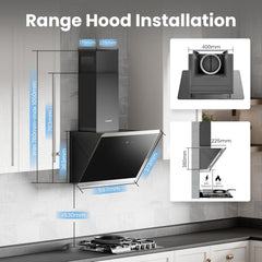Midea COMFEE' 60cm Angled Cooker Hood (Black) – A++ Energy Class Tempered Glass Extractor with Touch Screen, LED, Recirculating & Ducting System, Wall-Mounted Kitchen Fan, Great for Home Cooking Spaces
