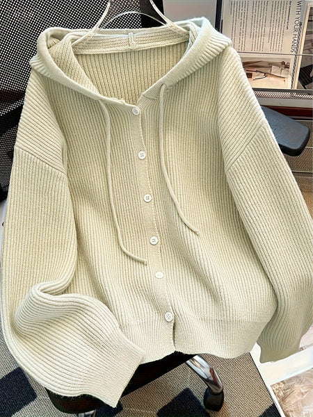 Hooded Button Sweater Cardigan, Spring Autumn Solid Color Casual Simple Open Front Soft Comfortable Elegant Women's Wear