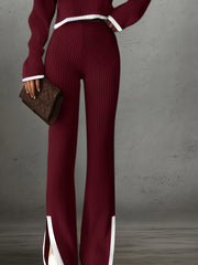 Women'S Short Color-Blocked Long-Sleeve Top with Solid Color Pants, a Casual And Stylish Outfit for Christmas