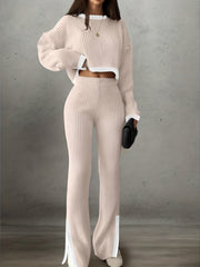 Women'S Short Color-Blocked Long-Sleeve Top with Solid Color Pants, a Casual And Stylish Outfit for Christmas