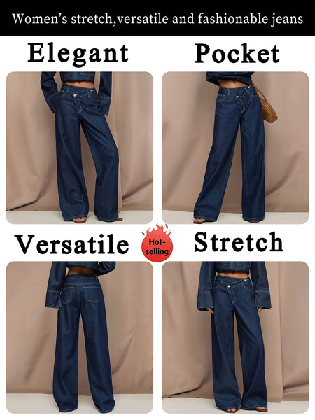 [2026SS] Women's New Stretchy Wide Leg Jeans, Loose Straight Blue Jeans, Washed Denim Trousers with Pockets, High Waisted Tummy Control Comfort Pantalones, Street Style Ladies' Outfit, Female Baggy Casual Pants for Work, Travel and Office.
