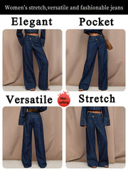 [2026SS] Women's New Stretchy Wide Leg Jeans, Loose Straight Blue Jeans, Washed Denim Trousers with Pockets, High Waisted Tummy Control Comfort Pantalones, Street Style Ladies' Outfit, Female Baggy Casual Pants for Work, Travel and Office.