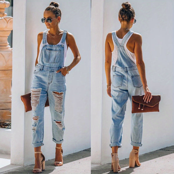 2025 New Style Denim Trouser with Hole Design And One-Piece Style with Back Belts And Short Legs