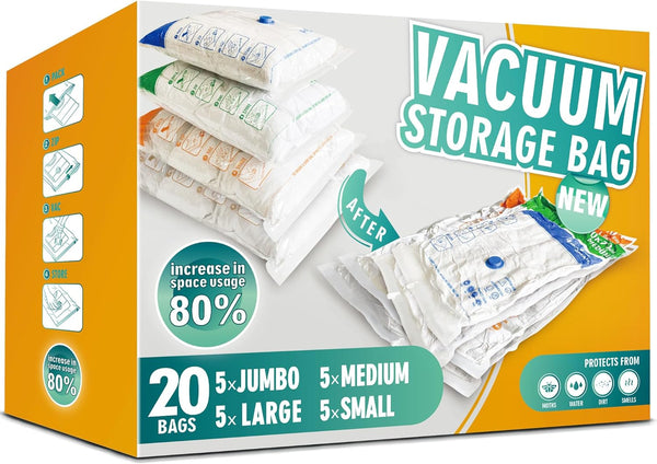 Storage Master Space Saver Bags for Travel and Home Reusable Vacuum Storage Bags save 80% More Storage Space Work with Vacuum Cleaner (9 Combo, No Pump Included)