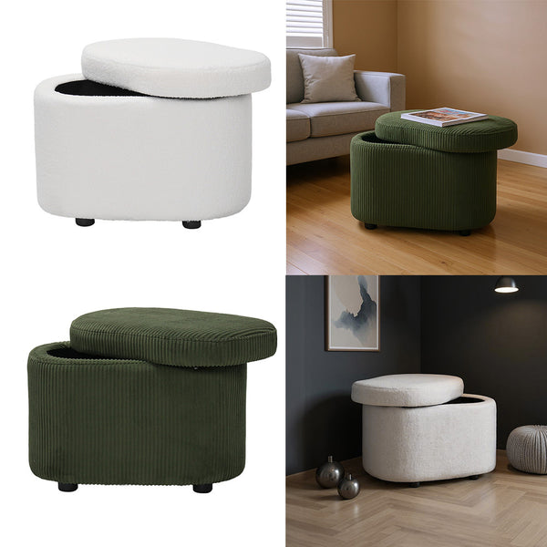 1pc Plush Teddy Round Upholstered Storage Ottoman Stool - 60x40x45cm Lidded Footrest with Hidden Storage Space | Multi-Functional Shoe Changing Bench for Living Room, Bedroom & Entryway | 3cm Black Plastic Legs (Green/White)