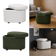1pc Plush Teddy Round Upholstered Storage Ottoman Stool - 60x40x45cm Lidded Footrest with Hidden Storage Space | Multi-Functional Shoe Changing Bench for Living Room, Bedroom & Entryway | 3cm Black Plastic Legs (Green/White)
