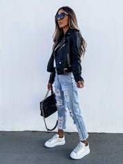 2025 New Cool Biker Style Women's Short Zip Faux PU Leather Jacket - Spring Autumn Sizes S-XL