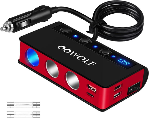 OOWOLF Cigarette Lighter Adapter 140W Cigarette Lighter USB Charger with 12V USB Socket Dual Plug/Port & Extension Lead Fast Charge for All Car Devices