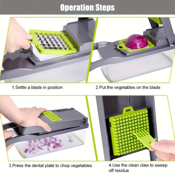 A Versatile Kitchen Gadget That Offers 16 Functions for Making Salads, Fruits, And Vegetables, Featuring Tools Like a Peeler, Cutter, Slicer, Dicer, And Chopper