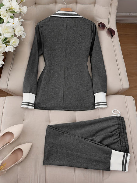 Fashionable Elegant Solid Color Casual Street Striped Suit and Pants Set