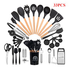 33PCS Non-Stick Kitchen Utensil Set, Silicone Cooking Tools with Wooden Handles, Light Khaki/Black, Cooking Tools and Accessories, Holiday Birthday Gift