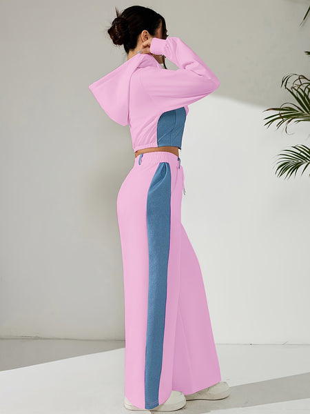 Women'S Suit Featuring a Two-Piece Set with Contrasting Colors, a Short Zip-Up Jacket with Long Sleeves for Spring And Autumn, Paired with Straight-Cut Elegant Casual Pants