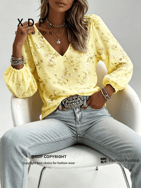 2D Flat Print Retro Western Style Shirt| V-neck Women's Long-sleeved Top with Colorful Small Floral Print, Bohemian Style Lantern Sleeve Design, Machine Washable, Suitable for Casual Attire and Vacations, 2D Flat