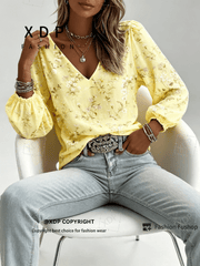 2D Flat Print Retro Western Style Shirt| V-neck Women's Long-sleeved Top with Colorful Small Floral Print, Bohemian Style Lantern Sleeve Design, Machine Washable, Suitable for Casual Attire and Vacations, 2D Flat