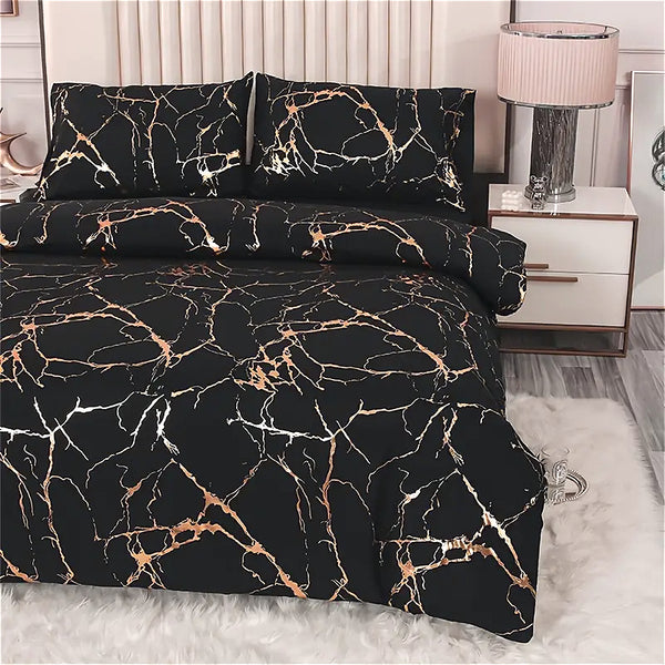 Gold Marble Print Quilt Cover and Pillowcase Bedding Set, Light Luxury High-end Creative Design Bedding Three-piece Set, 2 Pillowcases and 1 Quilt Cover, Soft and Comfortable Bed Three-piece Set for All Seasons, Black