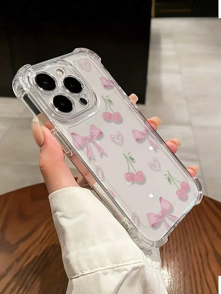 Phone Case: Girly Pink Cherry Bow Shockproof Anti-Slip Transparent Phone Case, for iPhone 17 Promax/Pro/ Air, 16 Plus, 15, 14 Pro Max, 13, 12, 11.wonderful Gift for Friends, Boys, Girls or Family.