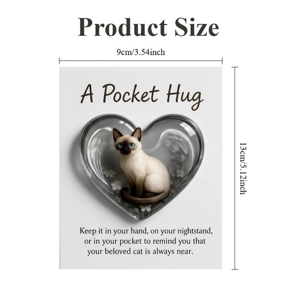 1Pcs Cat Memorial A Pocket Hug，Emotional Support Heart-Shaped Cat Charm Keepsake Figurines，Pocket Hug Token with Inspirational Card，Thoughtful Animal Support Gifts for Cat Lovers & Grieving Cat Owners
