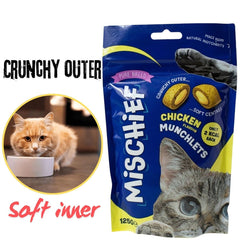 Mischief Pillow Cat Treats – 125g | Crunchy & Creamy Snacks for Cats | Available in Salmon, Chicken & Cheese Flavours.