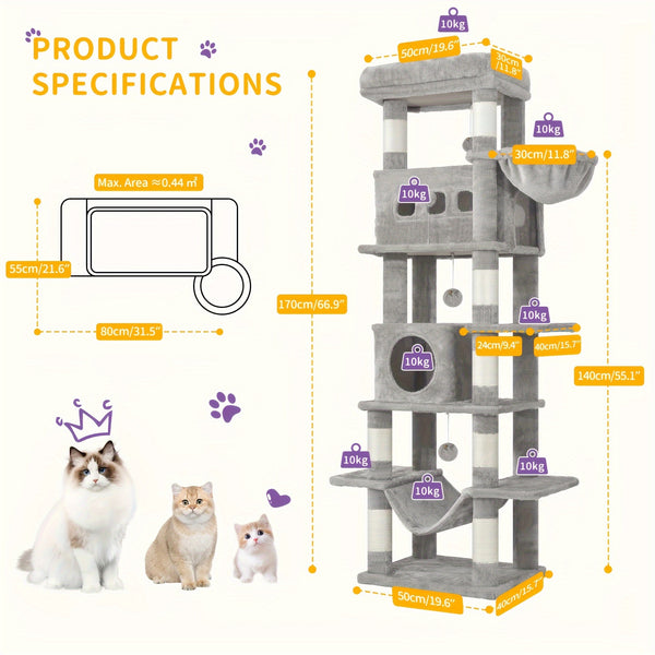 170cm Large Cat Tree, Cat Tower for Maine Cat, Multi-Storey Scratching Post with Large Perch, Washable Mat, Cat House Furniture with 2 Caves, 8 Scratching Posts, Light Grey, Dark Grey