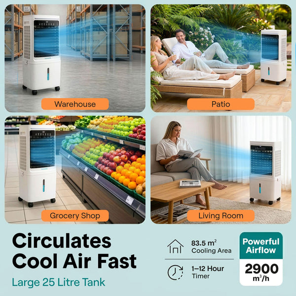 SereneLife Portable Air Cooler 25L – 1700 CFM Evaporative Cooling Fan with Ice Packs 60° Oscillation Timer Quiet Energy Efficient for Large Room Home Office Bedroom