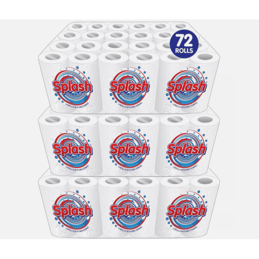 Splash 2-Ply Kitchen Roll 4-Pack Disposable Paper Tissue 72 Rolls White Paper Embossed Strong & Functional