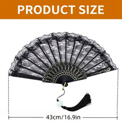 Black Lace Folding Fan, Handheld Fan with Pendant Tassel, Black Retro Lace Handheld Fan for Women'S Birthday Party Dancing Cosplay