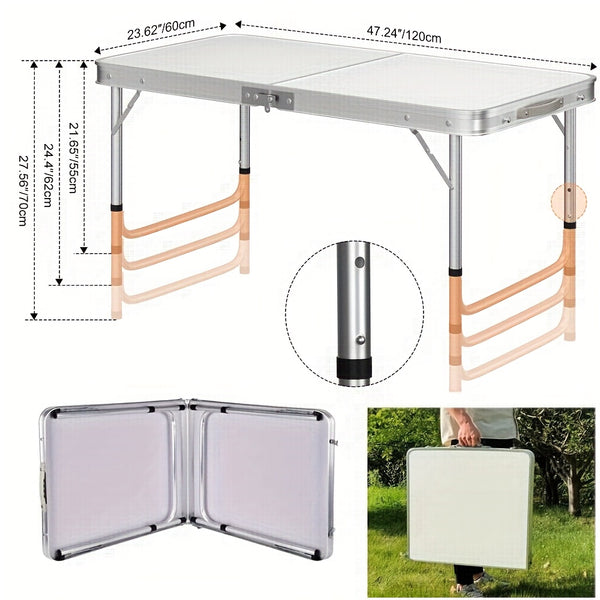 Folding Picnic Table Aluminum Camping Table Lightweight 3 Gear Adjustable Height Portable Folding Table with Carry Handle Adjustable Garden Outdoor Picnic Table Kitchen Work Top Table, White, 120x60x70/62/55cm