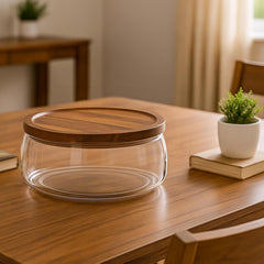Glass Fruit Bowl with Wooden Lid, Decorative Serving Bowl with Acacia Tray Cover – Large Clear Storage Bowl for Fruit, Snacks, Sweets, Salad or Table Display