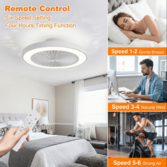 Low Profile Ceiling Fans with Lights, 50.04cm Enclosed Ceiling Fan Flush Mount, 3000K-6000K Smart Bladeless LED Fan Light, White Black Modern Ceiling Fans with Lights for Bedroom Dimmable LED 6 Speeds Reversible Timing
