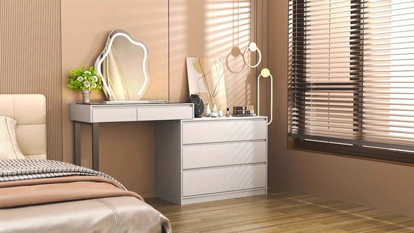 Corner Vanity Desk With Mirror And LED Lights - White Makeup Vanity Table With Clear Glass Top Jewelry Storage Rack And 5 Drawers