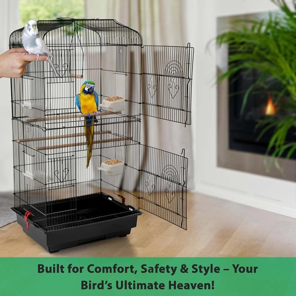 Large Metal Bird Cage for Budgie Parakeet Canary Cockatiel Finch or Lovebird by Crystals (Black)