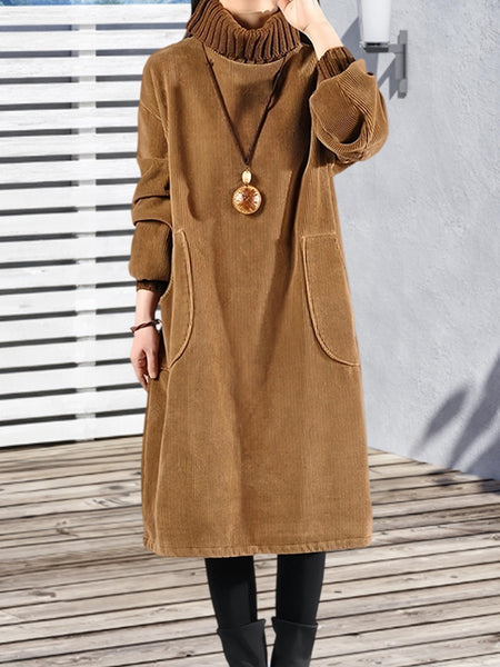 Women'S Elegant Corduroy Dress - Long Sleeve Turtleneck Loose Fit Winter Warm Dress with Pockets, Solid Color (Navy/) - Cozy Fall/Winter