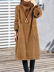 Women'S Elegant Corduroy Dress - Long Sleeve Turtleneck Loose Fit Winter Warm Dress with Pockets, Solid Color (Navy/) - Cozy Fall/Winter