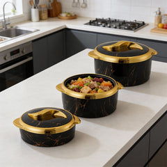 Kitchen Stainless Steel Food Storage Containers 3-Piece Set, Meal Prep Containers with Handles, Marble Pattern, Serving Bowl Set with Lid, White/Black