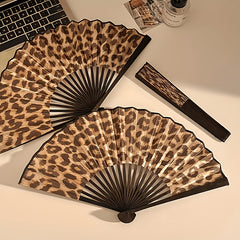 Large 23cm Retro Leopard Print Hand Fan - Portable Folding Fan Suitable for Women & Men, Fabric Cooling Fan for Summer, Parties, Rave, Dance Performances, Outdoor Events - Elegant Gift for
