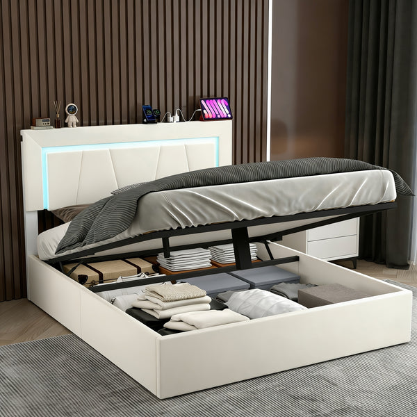Upholstered Ottoman Bed/ 4 Drawer Storage Bed, 4ft6 Double Bed Frame with Storage & LED & USB, Gas Lift Up Storage Bed Hydraulic Upholstered Bed with Storage Headboard&Slats, Linen, No Mattress, Grey (Optional Purchase Of Mattress)