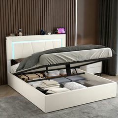 Upholstered Ottoman Bed/ 4 Drawer Storage Bed, 4ft6 Double Bed Frame with Storage & LED & USB, Gas Lift Up Storage Bed Hydraulic Upholstered Bed with Storage Headboard&Slats, Linen, No Mattress, Grey (Optional Purchase Of Mattress)