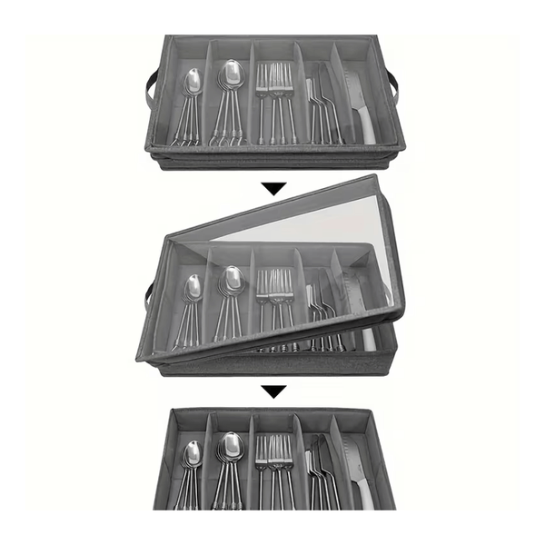 1pc 5-Compartment Fabric Flatware Organizer with Clear Lid - Portable Tension-Mounted Utensil Storage Box for Kitchen, Camping, Picnics - Chopsticks, Knife, Fork, Spoon Organizer, Picnic Flatware Holder | Stylish Table Accessory | Tension Mount Closure