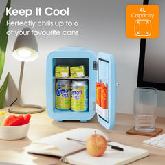 Abode Blue Mini Fridge A4CLR201BL 4L/6 Can Portable Thermoelectric Mini Cooler & Warmer for Drinks, Cosmetics/Makeup/Skincare, AC/DC Power, Retro Style, for Bedroom, Home, Caravan, Car