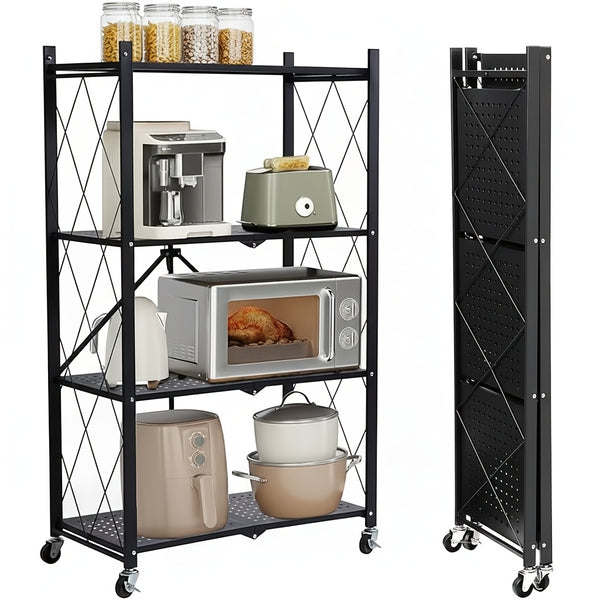 4 Tier Foldable Storage Shelf | Heavy Duty Collapsible Metal Shelf Rack with Wheels, Extra Thick Frame, No Assembly Required, Suitable for Kitchen, Pantry, Closet, Office, Bathroom, Garage Organize, Standing Shelf