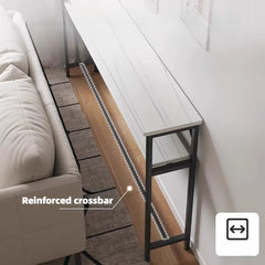 Sofa Side Table for Narrow Spaces, 2-Tier White Marble & Black Steel Shelf, 80cm Slim Console for Behind Couch, Organizer for Remote, Books, Living Room, 80*20*100cm