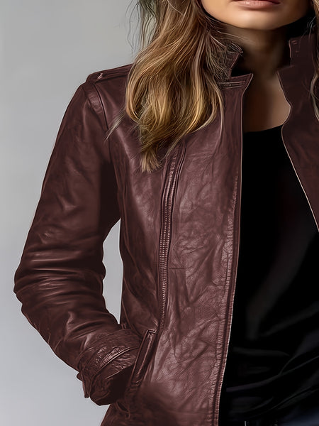 CHIDU Women's Jacket, PU, Retro Motorcycle Jacket Long-sleeved Jacket, Women's Long-sleeved Zipper Cardigan Stand-up Collar Design, Windproof Women's Jacket, Suitable for Spring, Autumn And Winter Jackets, Pockets, Global ALL, Casual Women's Jacket