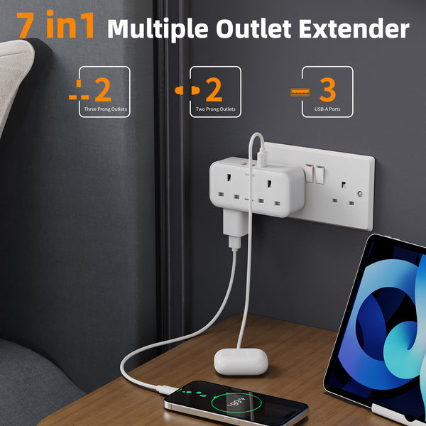 baykul Multifunctional UK Plug Socket with 2 Standard UK Sockets, 2 Schuko Sockets, 3 USB Ports, Max 3250W, Surge Protection, Fire-Resistant Material, Compact and Lightweight for Home/Office/Travel Use ideal for Christmas travel