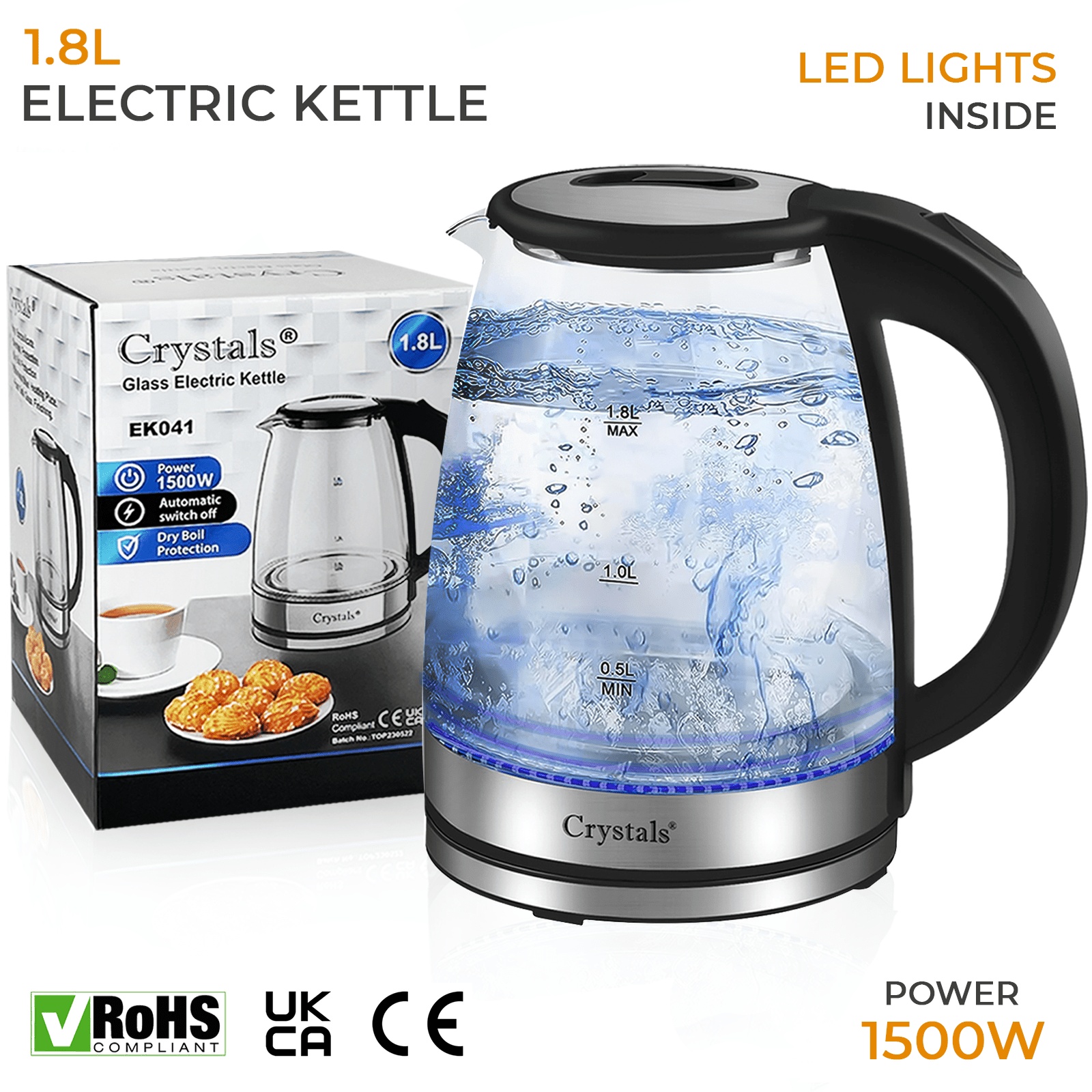 1.8L/1500W Glass Electric Kettles, Glass Kettle with Blue LED and Boil Dry Protection, Cordless Fast Boil Quiet Kettle - Easy to Clean Electric Kettle, BPA Free